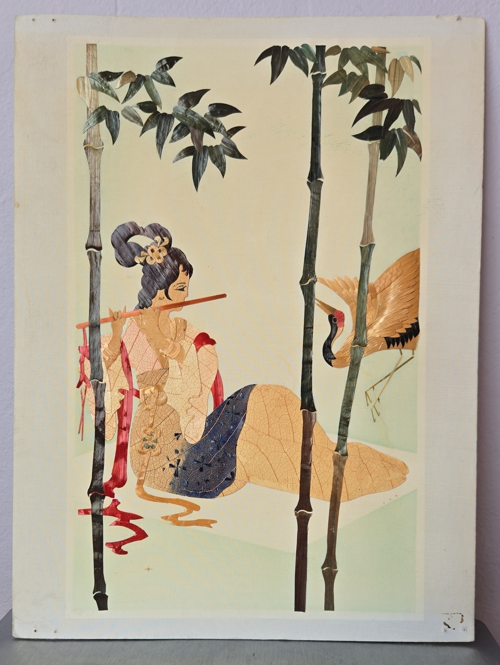 Hand Cut Dyed‎ Wheat Stalk On Silk Art w/Geisha and Crane Bird
